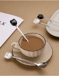 Stainless steel ceramic cat spoon long handle coffee stirring spoon cute dessert cutlery set