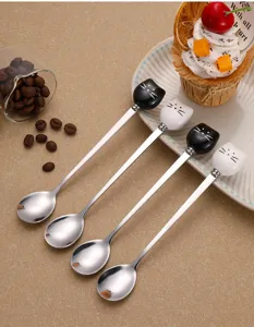 Stainless steel long handle coffee dessert spoons with cute ceramic cat head design for kitchen.