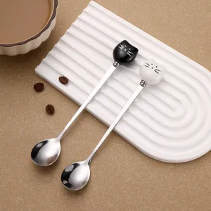 Creative Stainless Steel Long Handle Coffee Spoon Ceramic Cartoon Cat Dessert Spoon Cute Stirring Teaspoon For Kids Adults Kitchen Dinnerware