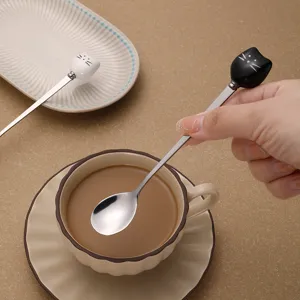 Stainless steel coffee spoon with cute ceramic cat handle long stirring dessert spoon