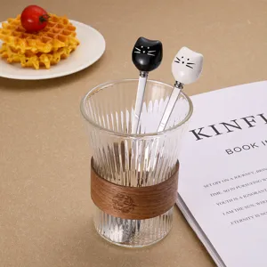 Cute cat ceramic long handle spoon set, stainless steel coffee and dessert mixing spoon for home.