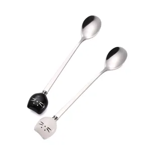 Stainless steel long handled coffee spoon with cute ceramic cat head handle design 2pcs