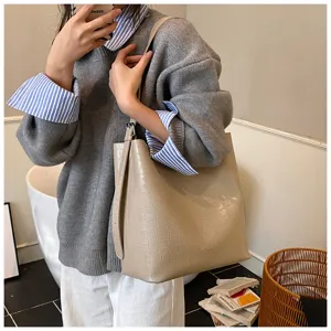 Sac Bandoulière Femme Motif Croco Cuir PU Casual Grande Capacité Tote Bag Beige Neuf