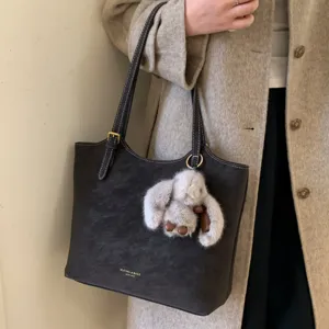 Grand sac cabas vintage pour femme hiver cabas d épaule bureau avec joli pendentif lapin