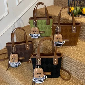 Women vintage plaid tote bag with cute dog pendant, stylish retro casual shoulder handbag