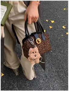 Women vintage leopard print handbag shoulder bag with cute plush dog keychain accessory