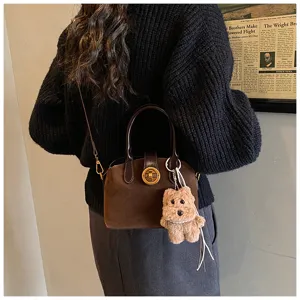 Retro brown suede women handbag stylish retro shoulder bag with cute plush bear charm detail