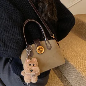 Retro women's top handle shoulder bag with plush dog charm elegant casual crossbody bag