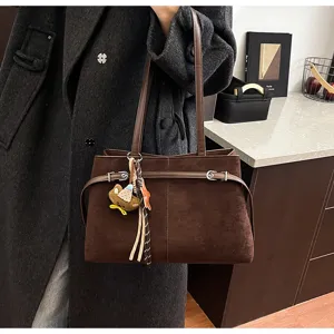 Women brown suede shoulder bag winter chic underarm bag fashion tote with cute pendant
