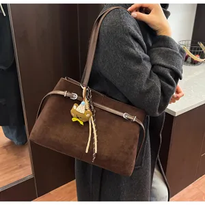 Women brown suede shoulder tote bag winter casual commuting underarm handbag daily wear detail