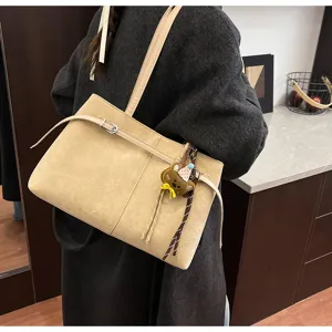 Stylish women suede shoulder tote bag casual commute chic handbag with cute belt charm