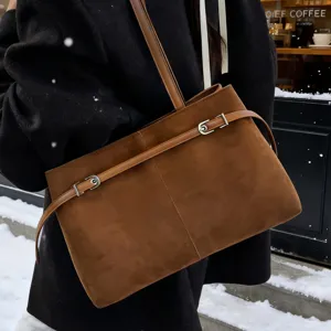 Brown suede shoulder tote bag for women winter style chic commuting handbag daily use