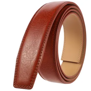 Vue détaillée d'une lanière de ceinture en cuir de vache marron, largeur de 3,5 cm sans boucle.