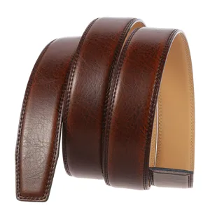 Sangle de ceinture en cuir marron pour homme, 3.5cm de large, lanière sans boucle élégante.