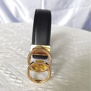 Ceinture en cuir noir pour homme avec boucle double anneau dorée, style élégant et 3.5cm