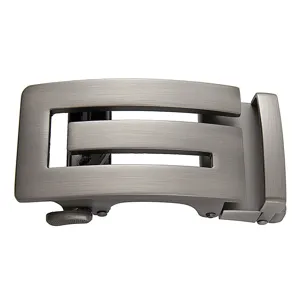 Metal automatic belt buckle detail view, gunmetal brushed finish, modern minimalist design.