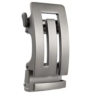 Detailed view of business casual automatic metal belt buckle, brushed silver ratchet buckle.