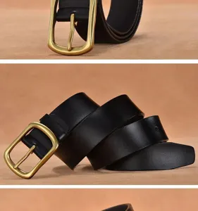 Detailed view of the black leather belt featuring a classic antique brass pin buckle.