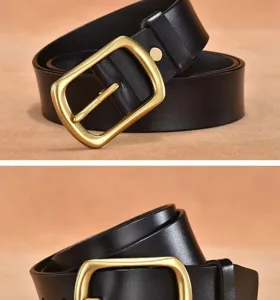 Close-up detail of classic men black leather belt with retro brass pin buckle for daily wear.