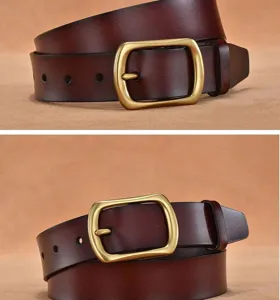 Detailed close-up view of a men's dark brown leather belt featuring a vintage brass pin buckle.