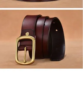 Men's vintage brown leather belt with retro brass pin buckle, durable daily casual wear detail.