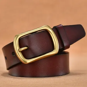 Men's vintage genuine leather belt with classic metal pin buckle for casual daily wear.