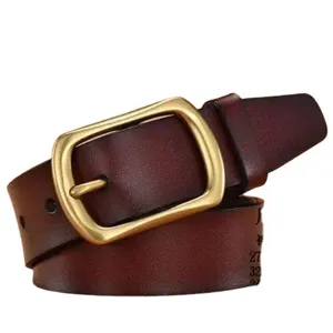 Men's vintage genuine leather belt with classic metal pin buckle, brown casual waist