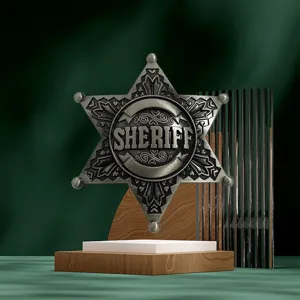 Vintage metal sheriff star brooch badge, antique silver finish, creative fashion accessory.