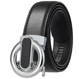 Men's Casual Genuine Leather Automatic Buckle Belt Solid Color Business Dress Waistband Adjustable Metal Buckle Belt