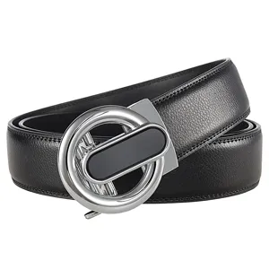 Stylish mens leather belt with automatic metal buckle casual business waist belt black.