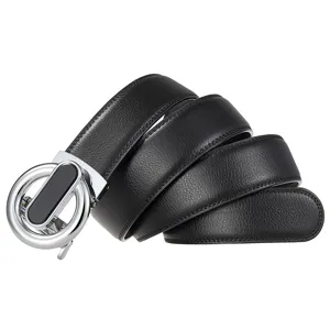 Classic men's black leather belt featuring a sleek silver automatic metal buckle for casual wear.