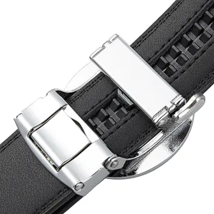 Close up detail of mens black leather belt with metallic automatic buckle fastener texture.