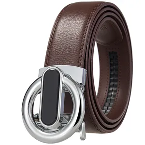 Men's leather belt with automatic buckle, classic brown strap and stylish metal design.