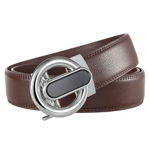 Closeup view of brown leather belt detail featuring metallic silver automatic buckle.