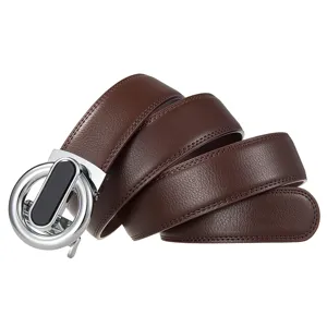 Detailed view of the brown leather men belt, showing fine stitching and metallic automatic buckle.