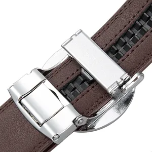 Detailed close-up view of mens brown leather belt featuring a sleek silver automatic buckle.