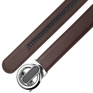 Detailed view of brown leather automatic belt for men with stylish silver round metal buckle.