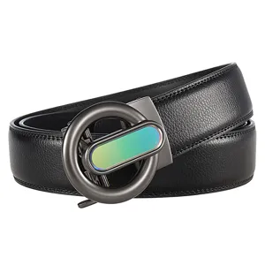 Close-up of men's black leather automatic buckle belt with unique iridescent metal round ring.