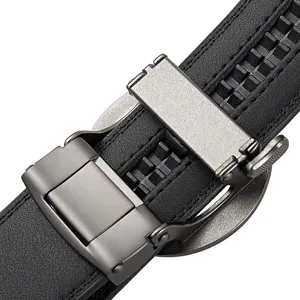 Men's automatic leather belt detail view, premium black cowhide strap with sleek metal buckle.