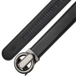 Men's black leather dress belt with metal automatic buckle and clear size marking detail.