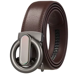 Men's leather belt with stylish automatic metal buckle, casual brown dress belt for daily wear.