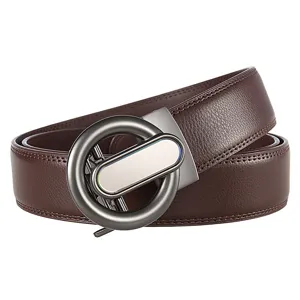 Men's leather belt detail shot, showcasing the brown leather texture and metal automatic buckle.
