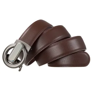 Men leather belt detail showing the stylish brown texture and metal automatic buckle design.