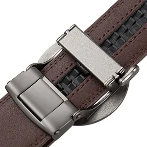 Men's leather automatic buckle belt detail view, premium brown cowhide strap design.