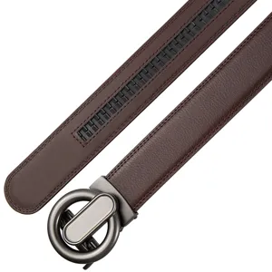 Brown mens automatic buckle leather belt detail view premium casual fashion accessory