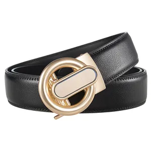 Men's black leather belt with gold automatic buckle, stylish business casual waist belt.