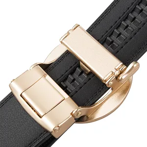 Men's automatic buckle leather belt detailed view featuring sleek black strap and gold metal clasp.