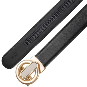 Men's automatic buckle leather belt, stylish black cowhide strap with gold tone metal buckle.