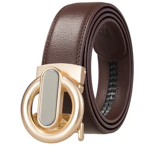 Men's automatic buckle leather belt, brown strap with stylish gold metal buckle detail.