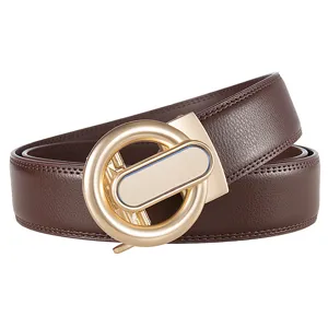 Men's brown leather belt with a stylish gold automatic buckle, perfect for casual and business wear.